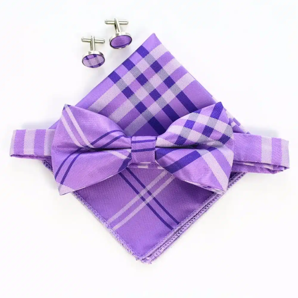 JEMYGINS Fashion Men's Cufflinks Bowtie And Pocket Squares Set Man Bow Tie Handkerchief Set For Wedding Vintage Plaid Hanky 18