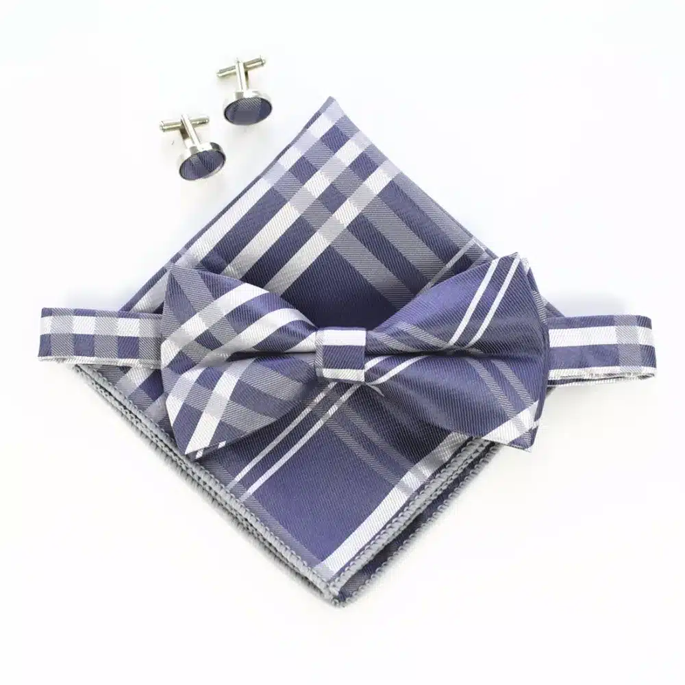 JEMYGINS Fashion Men's Cufflinks Bowtie And Pocket Squares Set Man Bow Tie Handkerchief Set For Wedding Vintage Plaid Hanky 19