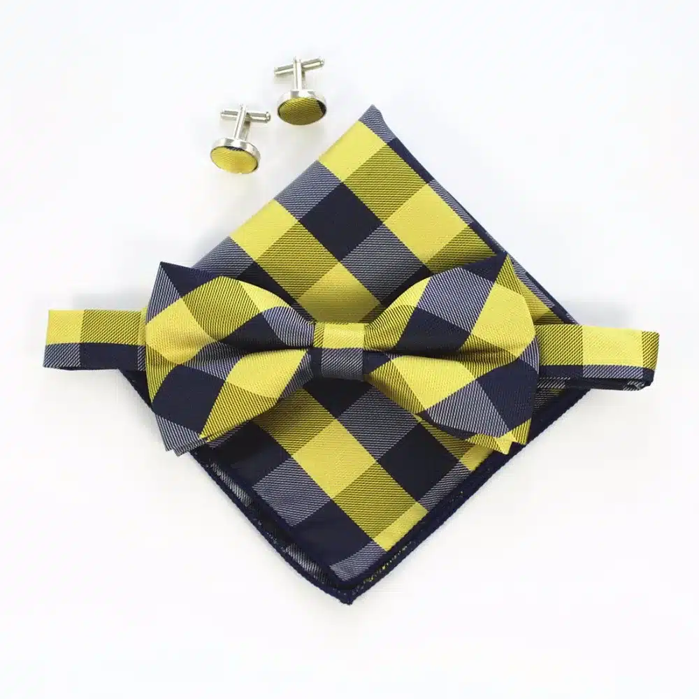 JEMYGINS Fashion Men's Cufflinks Bowtie And Pocket Squares Set Man Bow Tie Handkerchief Set For Wedding Vintage Plaid Hanky 23
