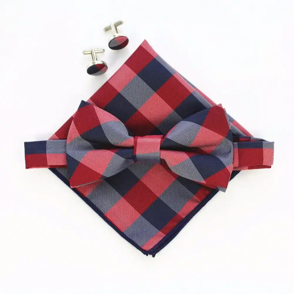 JEMYGINS Fashion Men's Cufflinks Bowtie And Pocket Squares Set Man Bow Tie Handkerchief Set For Wedding Vintage Plaid Hanky 29