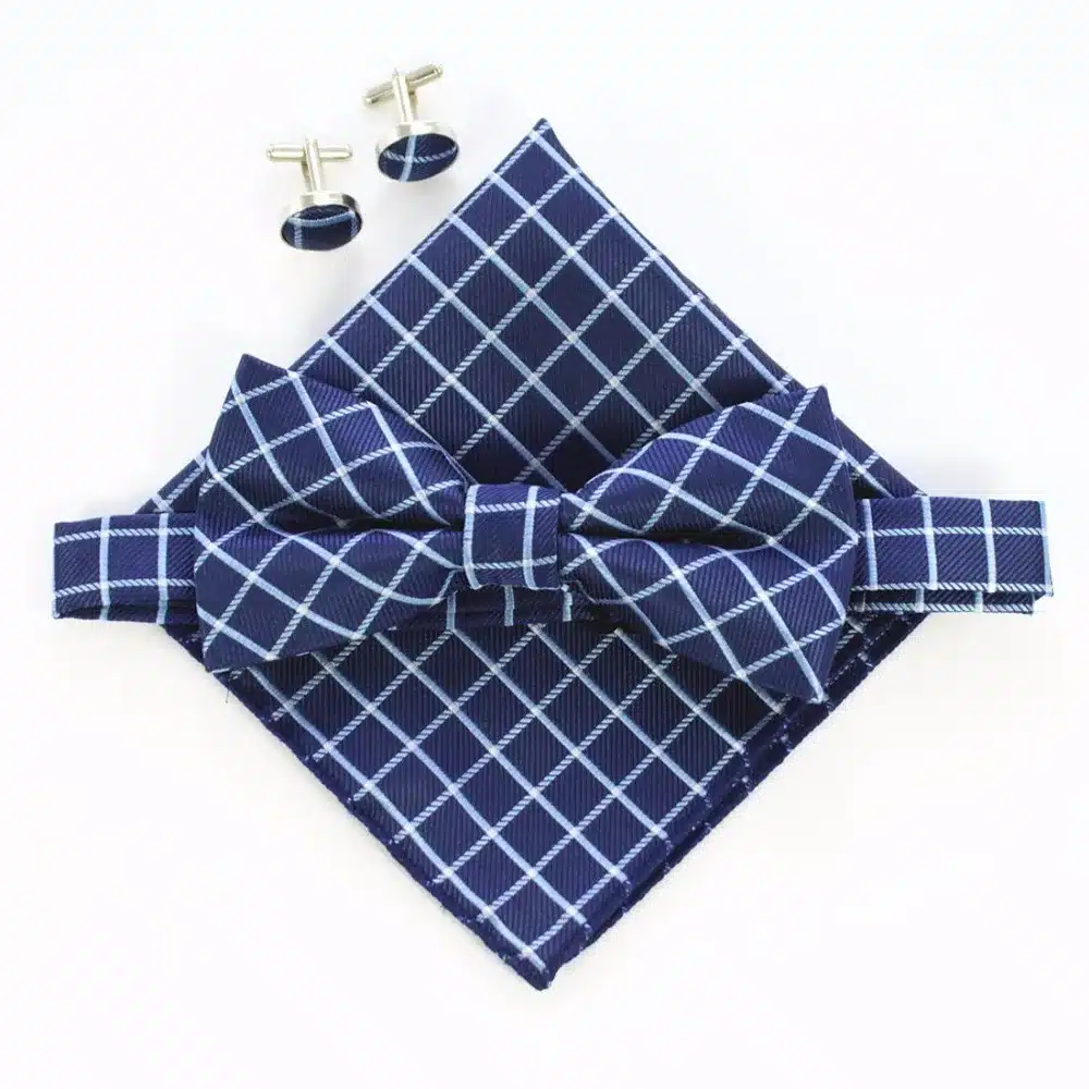 JEMYGINS Fashion Men's Cufflinks Bowtie And Pocket Squares Set Man Bow Tie Handkerchief Set For Wedding Vintage Plaid Hanky 30