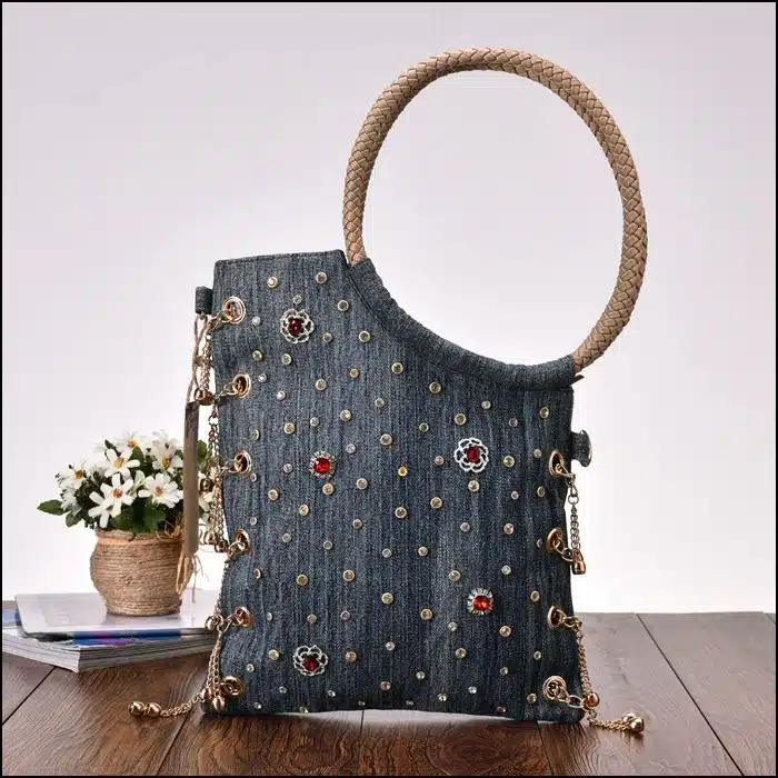 KISS KAREN Luxury Rhinestone Rivets Fashion Denim Women Totes Jeans Womens Shoulder Bags Lady Handbags Designer Tote Bag 14