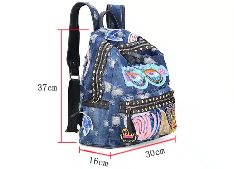 KISS KAREN Fashion Appliques Women Backpack Rivets Denim Backpacks Jeans Women's Backpacks Cowboy Bag Ladies Casual Daypacks 16