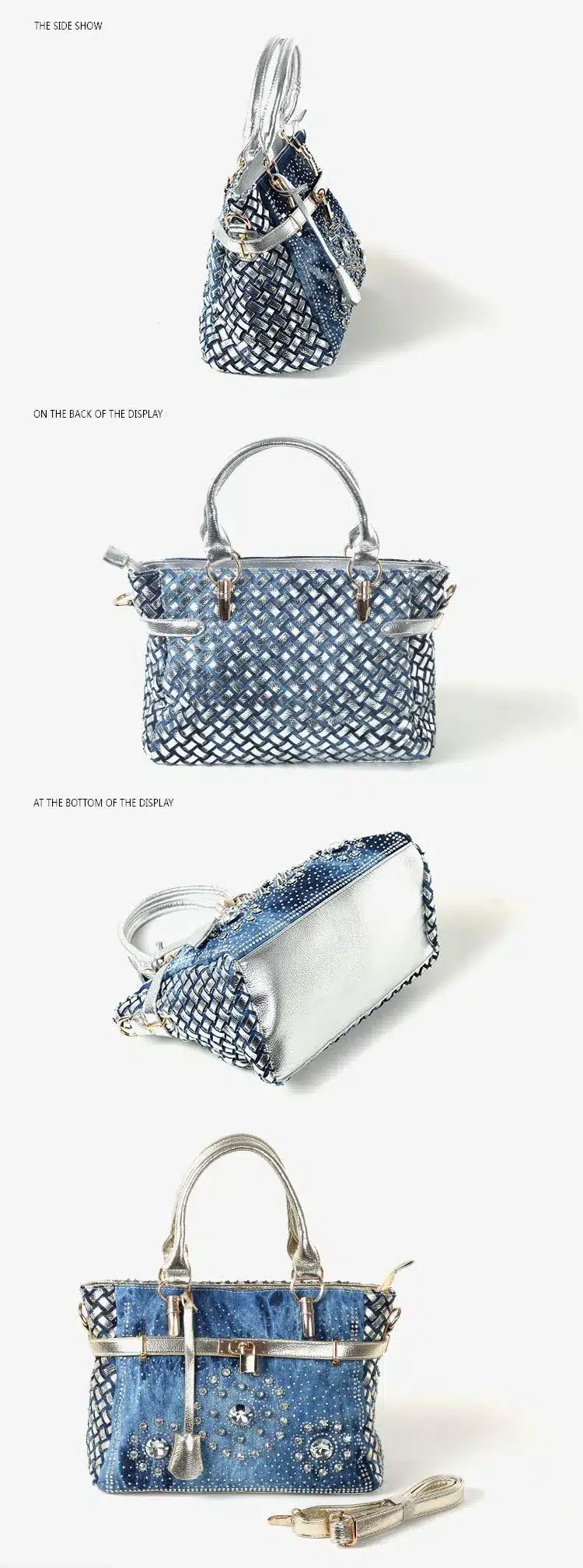 iPinee Summer 2017 Fashion womens handbag large oxford shoulder bags patchwork jean style and crystal decoration blue bag 11