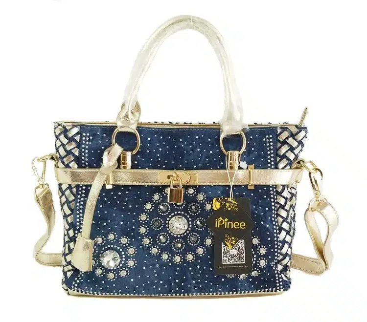 iPinee Summer 2017 Fashion womens handbag large oxford shoulder bags patchwork jean style and crystal decoration blue bag 12