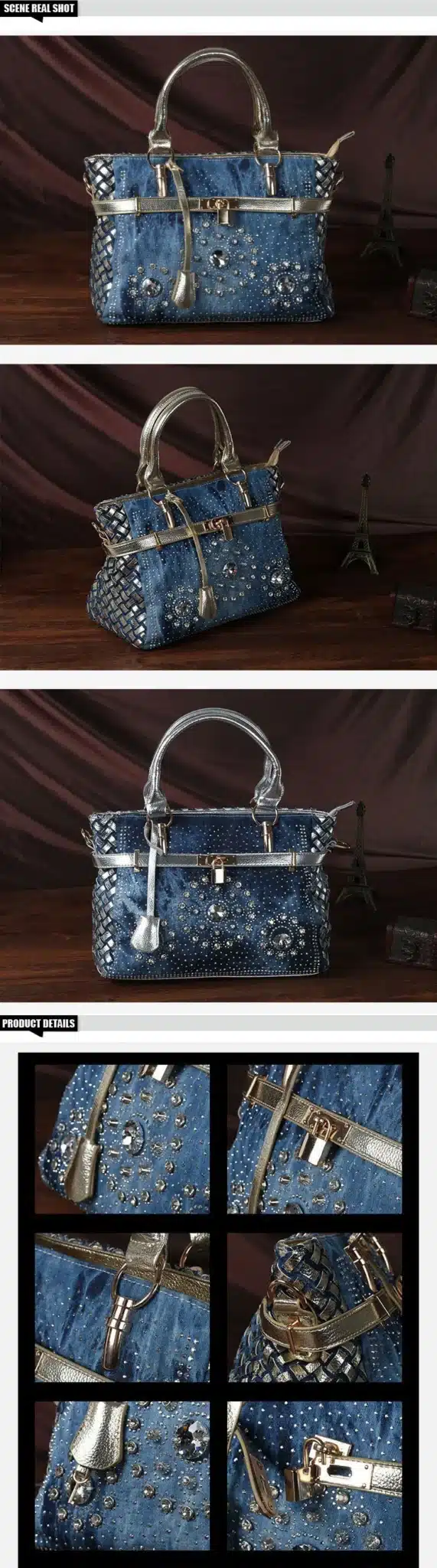 iPinee Summer 2017 Fashion womens handbag large oxford shoulder bags patchwork jean style and crystal decoration blue bag 13