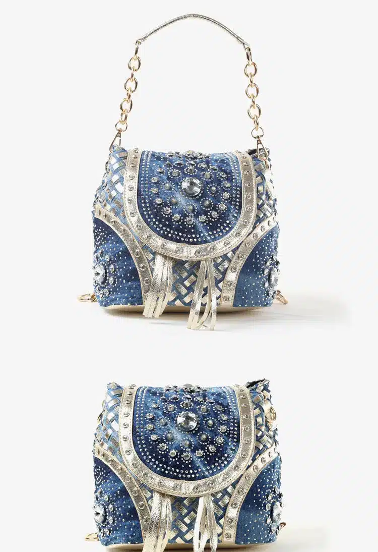 New Women Denim Bags Jeans Handbag 2017 High Quality Ladies Bags With Diamonds Rivet Messenger Bags Women's Shoulder Bag 1