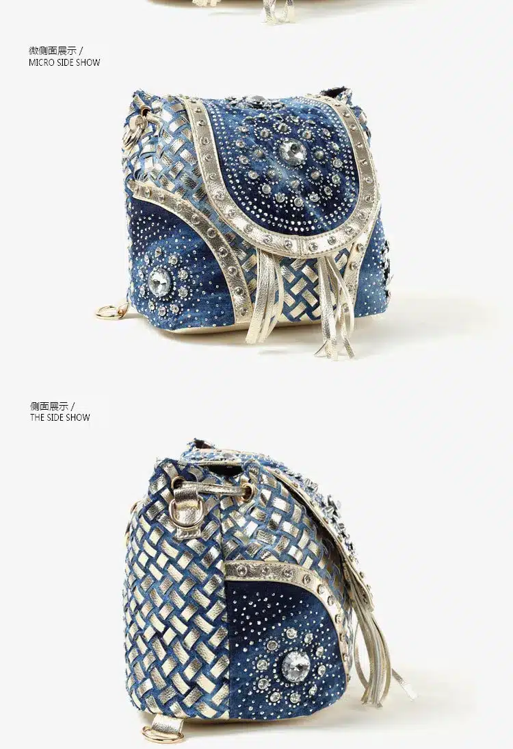 New Women Denim Bags Jeans Handbag 2017 High Quality Ladies Bags With Diamonds Rivet Messenger Bags Women's Shoulder Bag 2