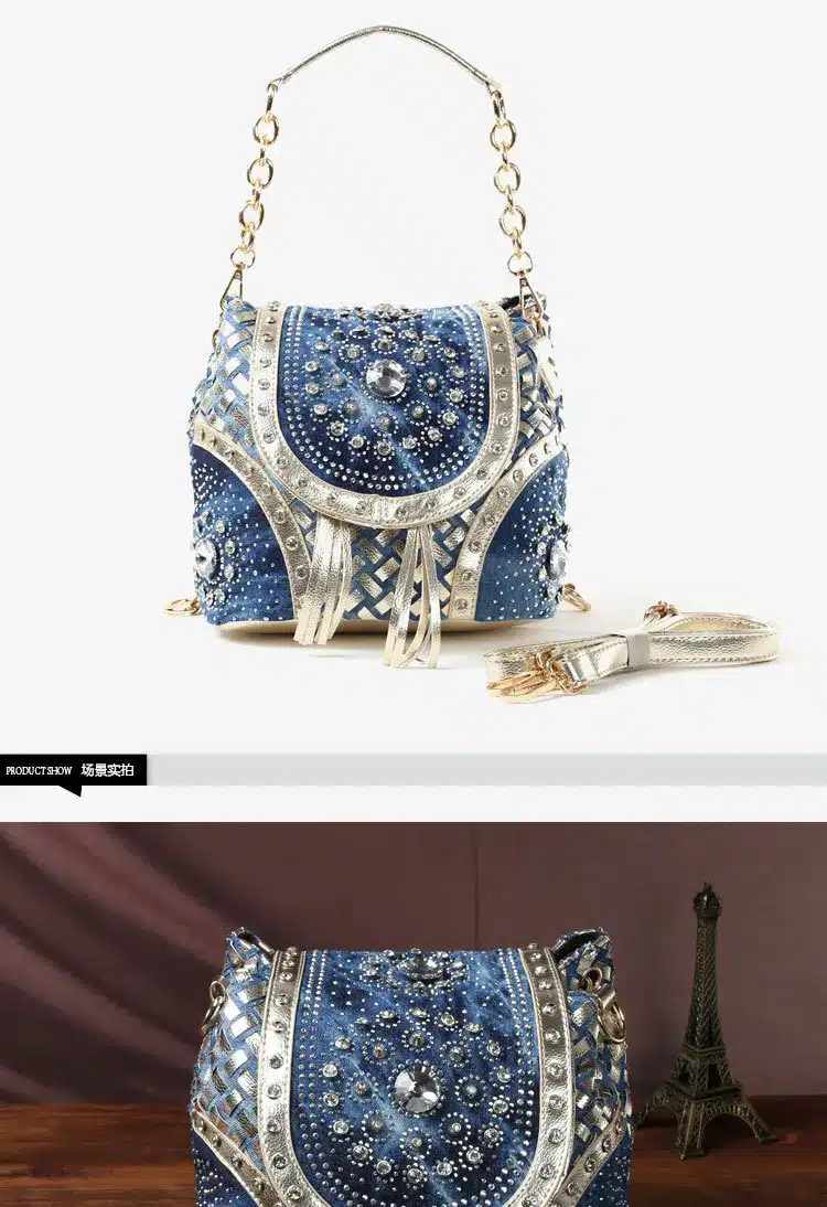 New Women Denim Bags Jeans Handbag 2017 High Quality Ladies Bags With Diamonds Rivet Messenger Bags Women's Shoulder Bag 6