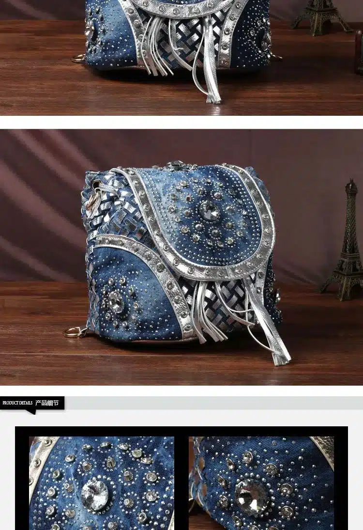 New Women Denim Bags Jeans Handbag 2017 High Quality Ladies Bags With Diamonds Rivet Messenger Bags Women's Shoulder Bag 8