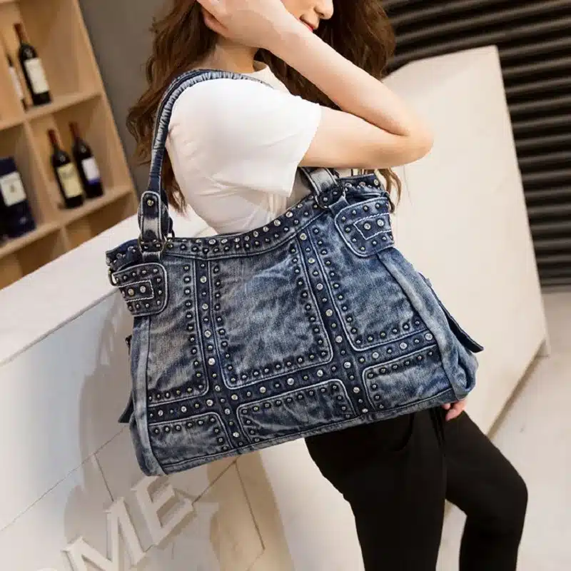 New Vintage Fashion Elegant Zipper Shine Rhinestone Denim Jeans Women HandBags Evening Bags Totes Female Shoulder Message Bag 1