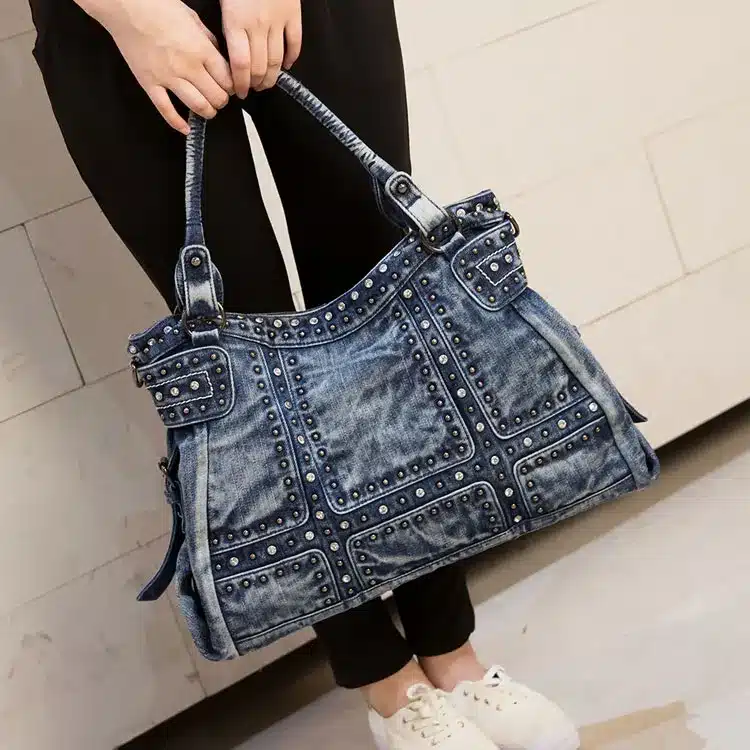 New Vintage Fashion Elegant Zipper Shine Rhinestone Denim Jeans Women HandBags Evening Bags Totes Female Shoulder Message Bag 2