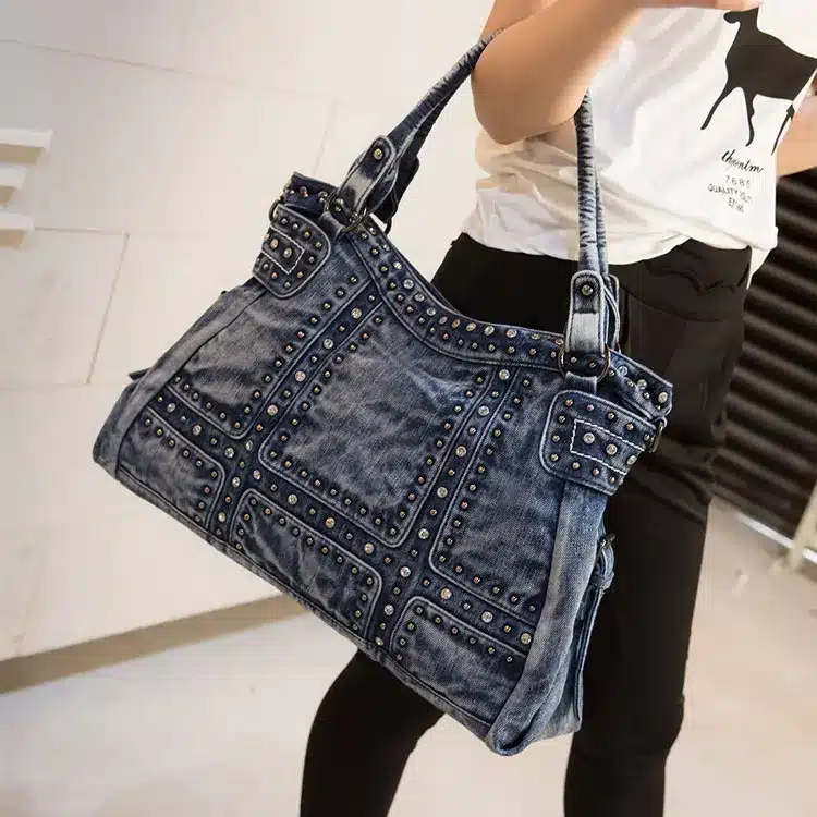 New Vintage Fashion Elegant Zipper Shine Rhinestone Denim Jeans Women HandBags Evening Bags Totes Female Shoulder Message Bag 4