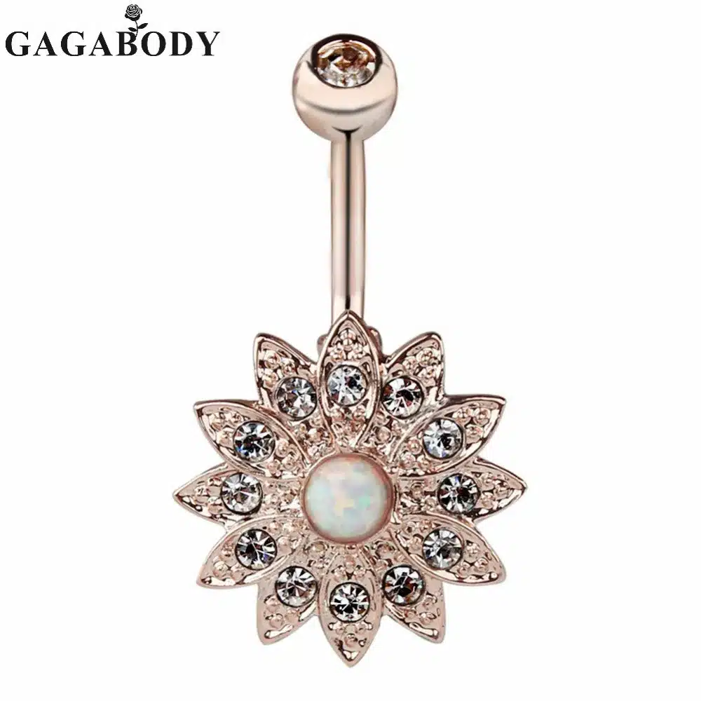 2017 Wholesale 1PCS Opal Belly Button Ring Jeweled Flower 14G Girls Body Piercing Jewelry 15