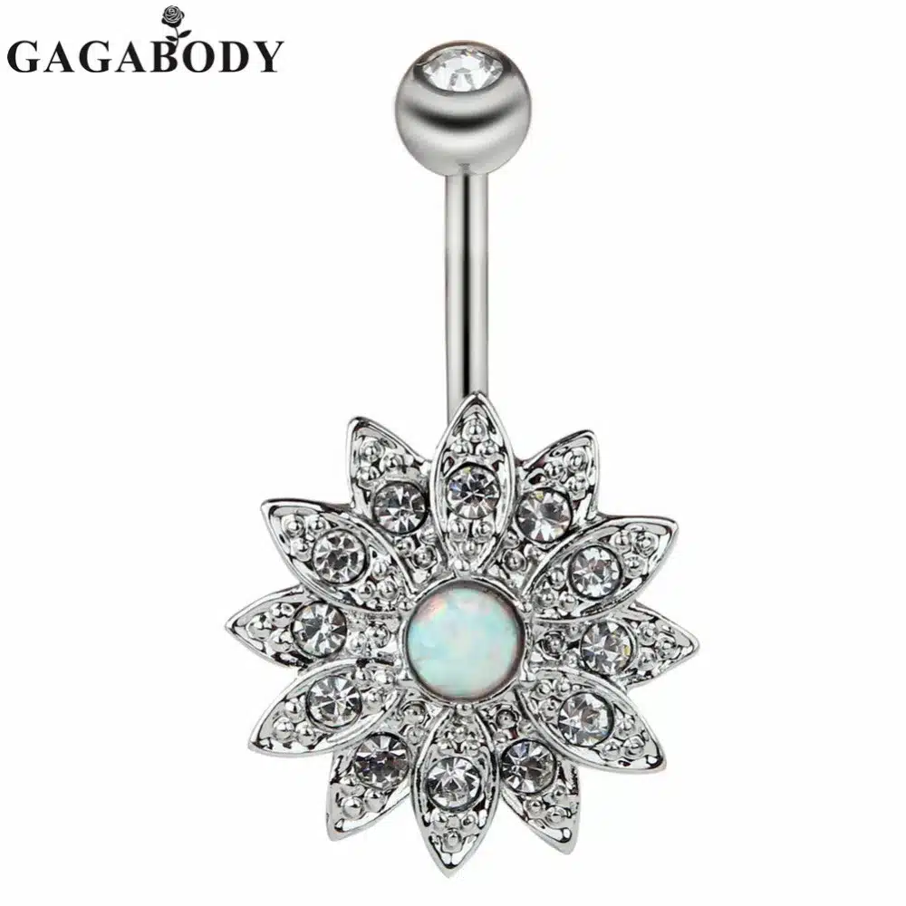 2017 Wholesale 1PCS Opal Belly Button Ring Jeweled Flower 14G Girls Body Piercing Jewelry 18