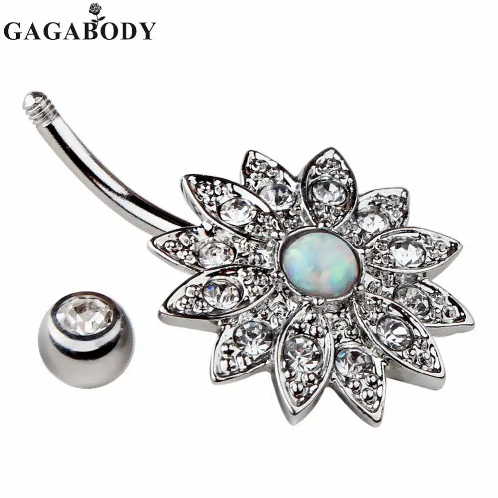 2017 Wholesale 1PCS Opal Belly Button Ring Jeweled Flower 14G Girls Body Piercing Jewelry 19