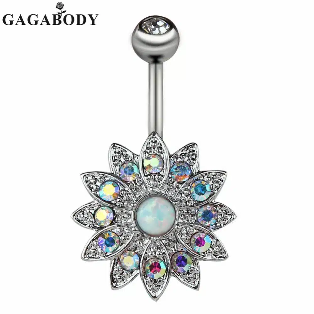 2017 Wholesale 1PCS Opal Belly Button Ring Jeweled Flower 14G Girls Body Piercing Jewelry 21