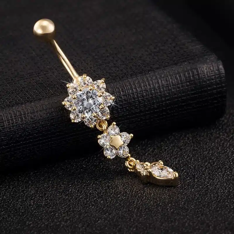 LNRRABC Fashion Women Girl Gold Color Zircon Flower Dangle Crystal Navel & Bell Button Rings Beach Navel Piercing Body Jewelry 13