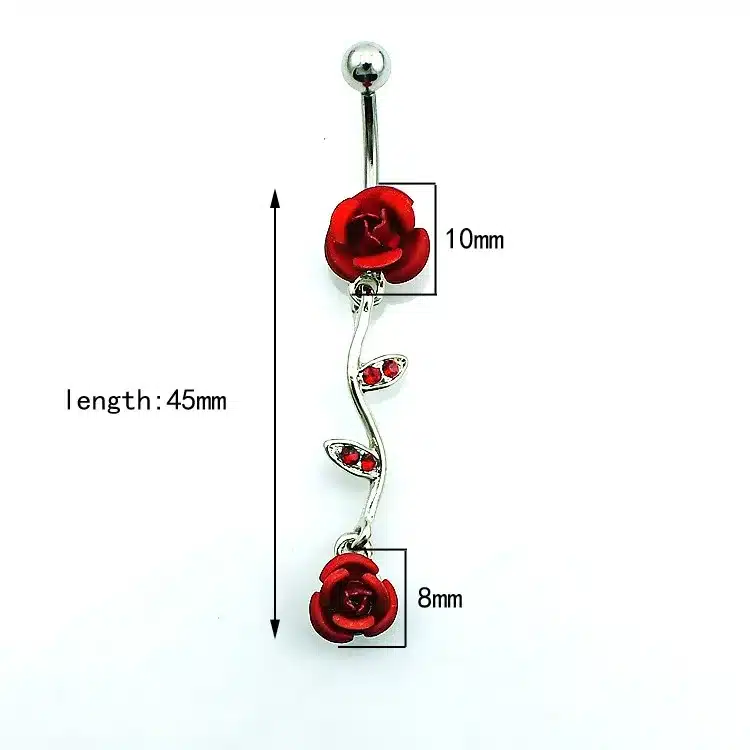 JINGLANG Fashion Belly Rings Surgical Steel Barbell Dangle Red Rhinestone Leaf Double Rose Navel Piercing Jewelry 10