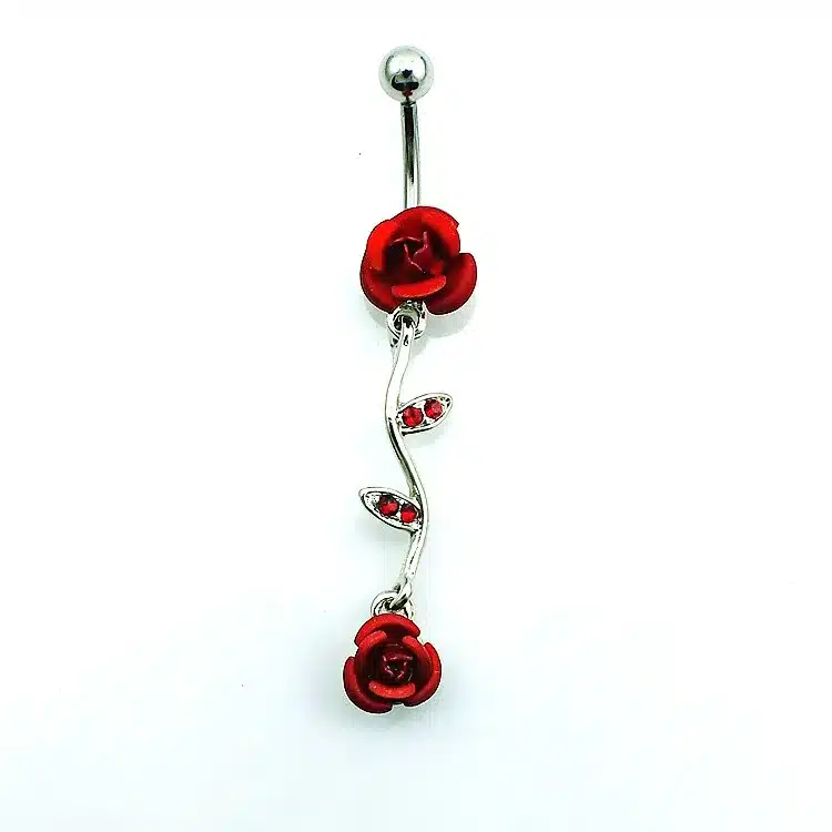 JINGLANG Fashion Belly Rings Surgical Steel Barbell Dangle Red Rhinestone Leaf Double Rose Navel Piercing Jewelry 11