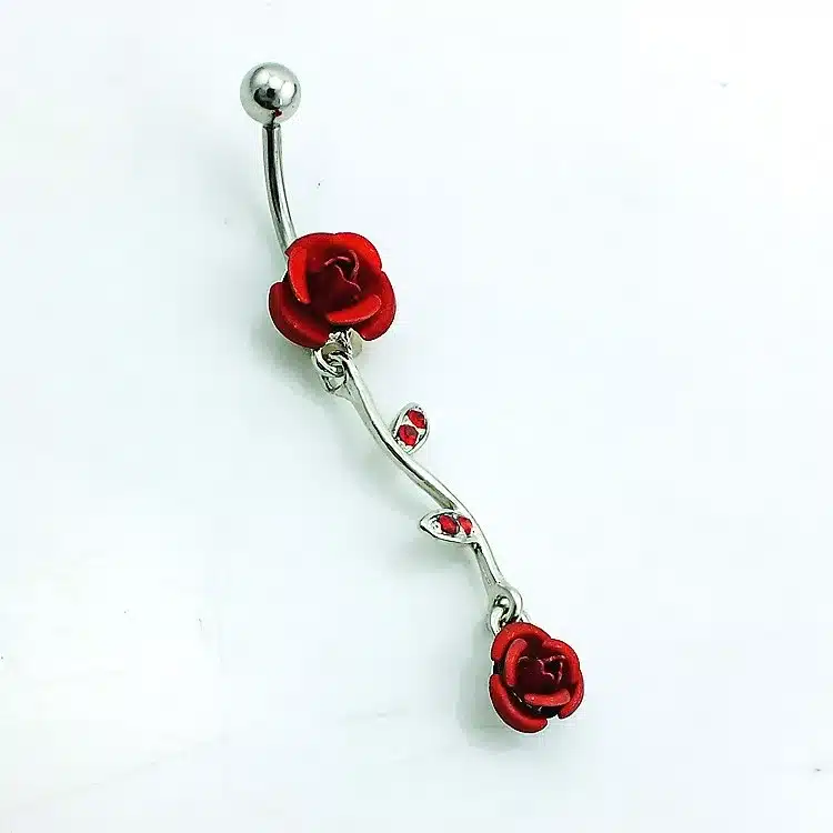 JINGLANG Fashion Belly Rings Surgical Steel Barbell Dangle Red Rhinestone Leaf Double Rose Navel Piercing Jewelry 12