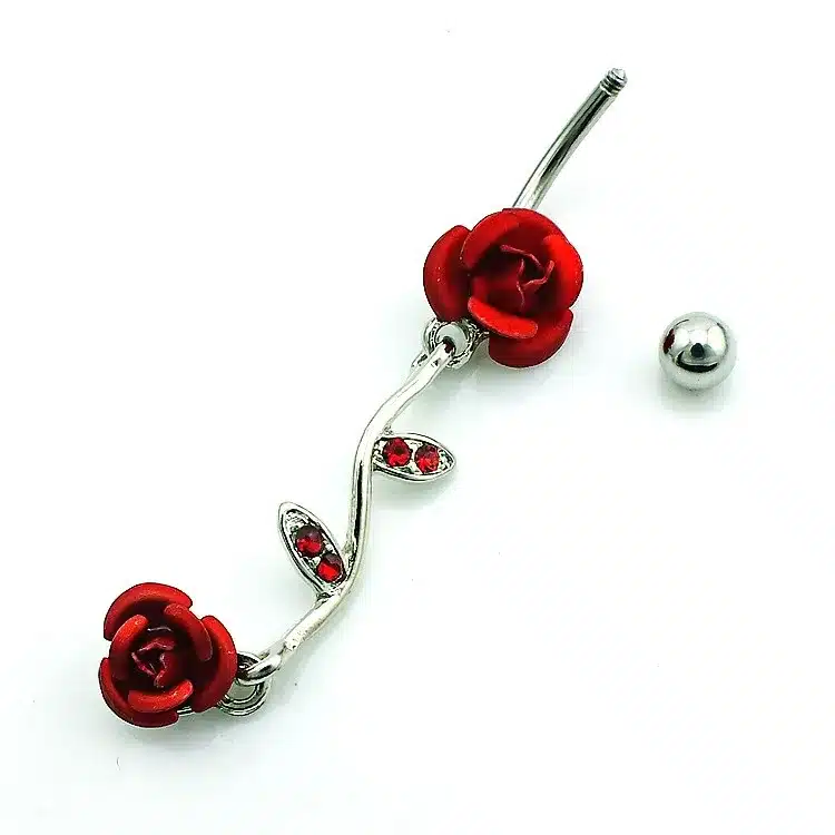 JINGLANG Fashion Belly Rings Surgical Steel Barbell Dangle Red Rhinestone Leaf Double Rose Navel Piercing Jewelry 13