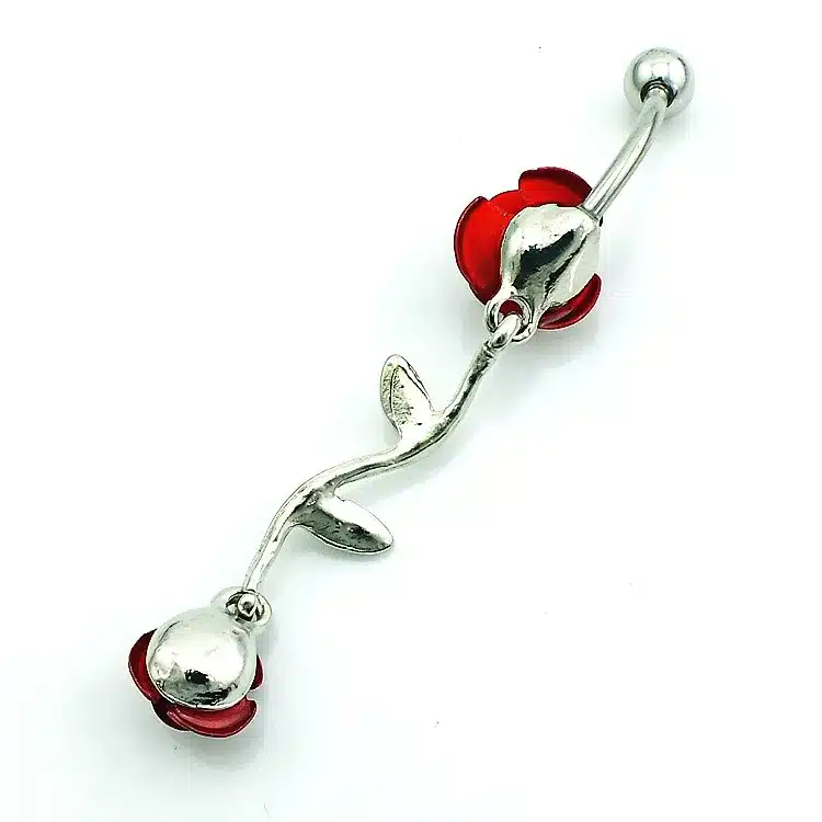 JINGLANG Fashion Belly Rings Surgical Steel Barbell Dangle Red Rhinestone Leaf Double Rose Navel Piercing Jewelry 14