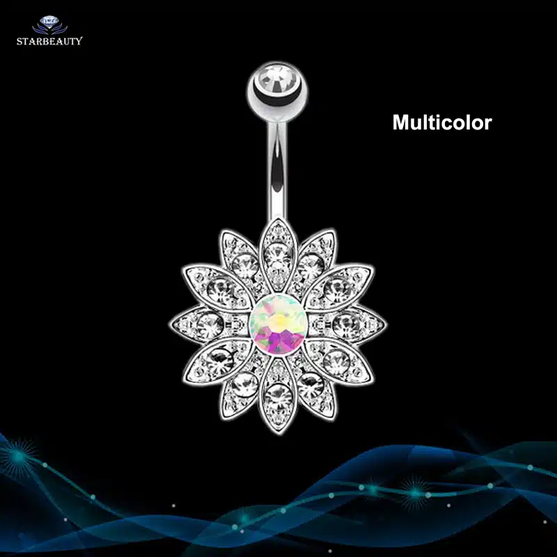 14G Sun Flower Petal Navel Piercing Ombligo Silver Pink Crystal Belly Button Rings Body Piercing Nombril Pircing Navelpiercing 14