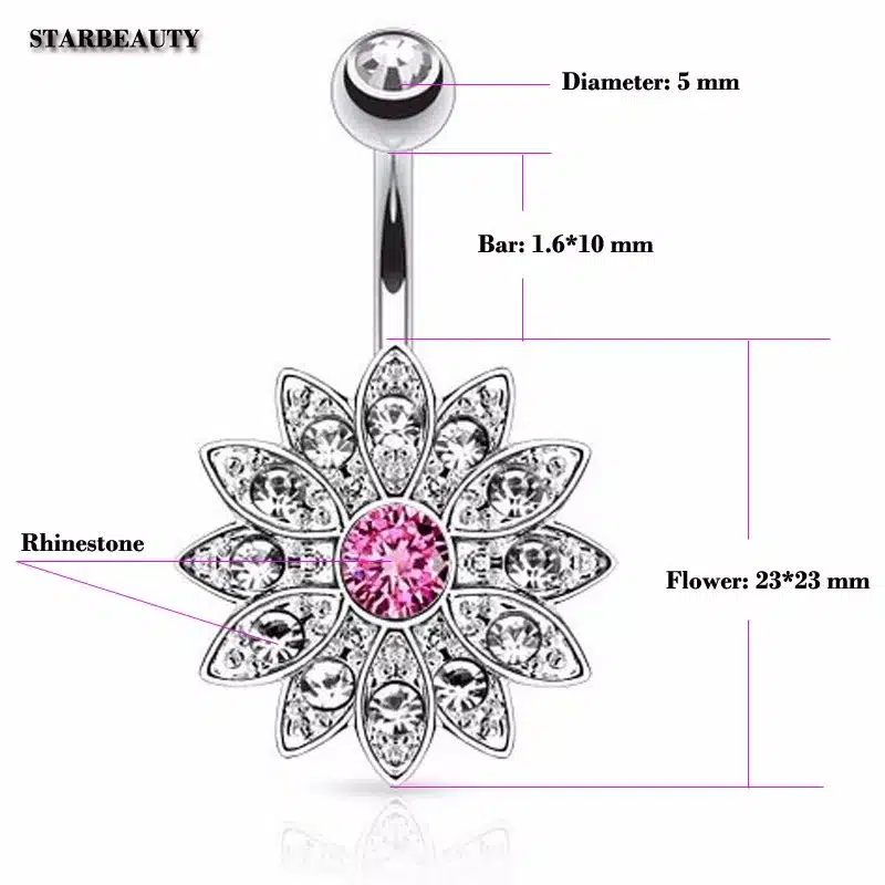 14G Sun Flower Petal Navel Piercing Ombligo Silver Pink Crystal Belly Button Rings Body Piercing Nombril Pircing Navelpiercing 16