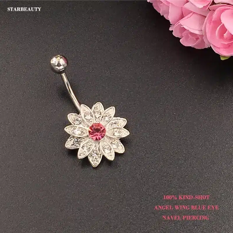 14G Sun Flower Petal Navel Piercing Ombligo Silver Pink Crystal Belly Button Rings Body Piercing Nombril Pircing Navelpiercing 21