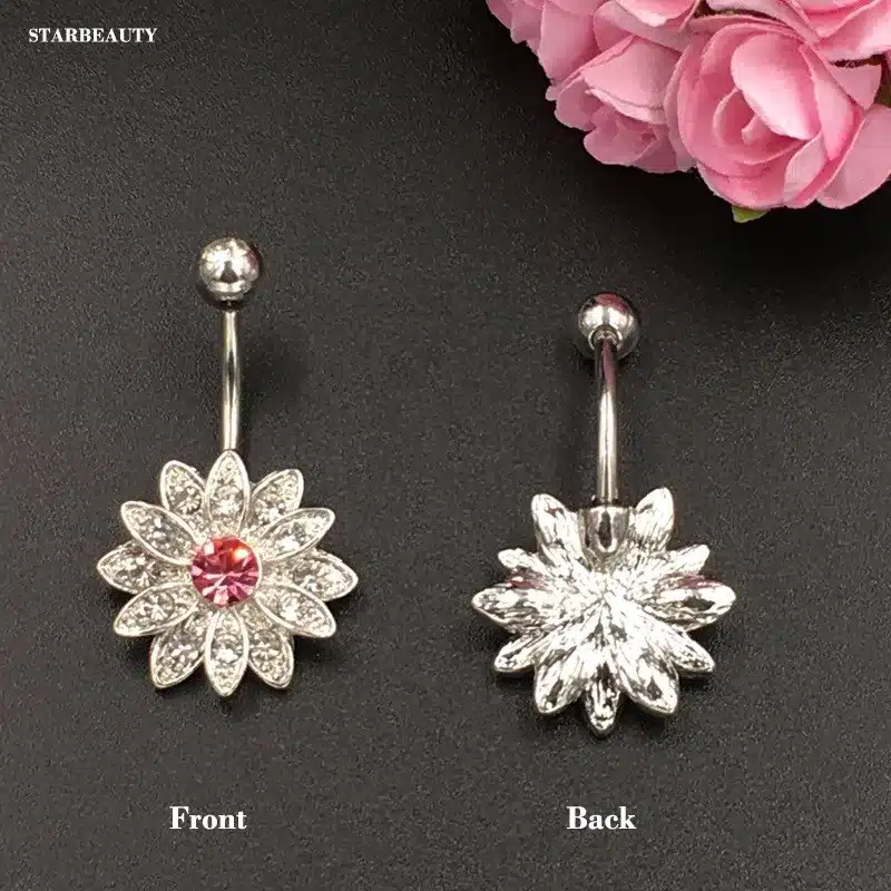 14G Sun Flower Petal Navel Piercing Ombligo Silver Pink Crystal Belly Button Rings Body Piercing Nombril Pircing Navelpiercing 22