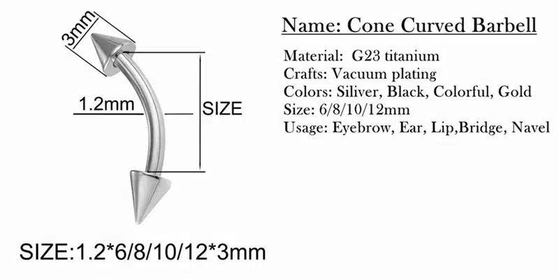 100% G23 Titanium Body Ear Eyebrow Navel Lip Piercing Jewelry Curved Barbell With Cone SGS Certification 10