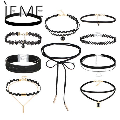 kümme erinevat musta choker kaelakeed, millel on erinevad mustrid ja detailid