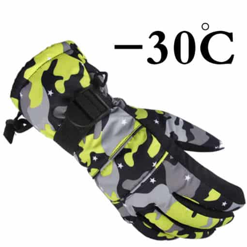 kamuflaažmustriga soojahoidvad kindad, millel on must rihm ja tähistatud temperatuur -30°C