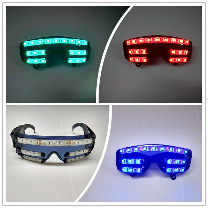 LED-valgustusega prillid, mis vilguvad ja muudavad värvi, erinevates toonides