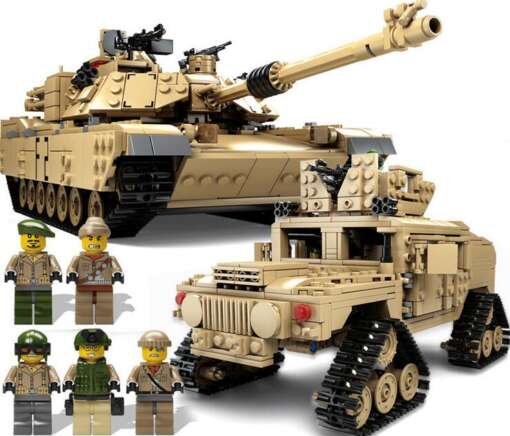 liivakarva tank ja soomustatud sõiduk koos nelja miniatuurse sõduriga