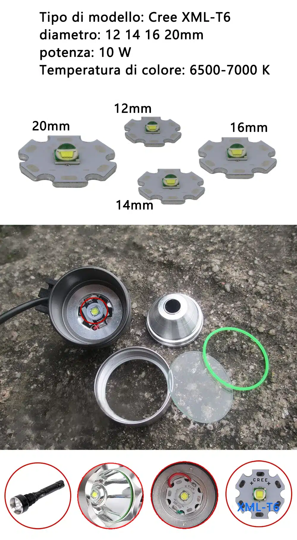 1 PCS CREE XML XM-L T6 LED U2 10W WHITE High Power LED Emitter with 12mm 14mm 16mm 20mm PCB for DIY 15