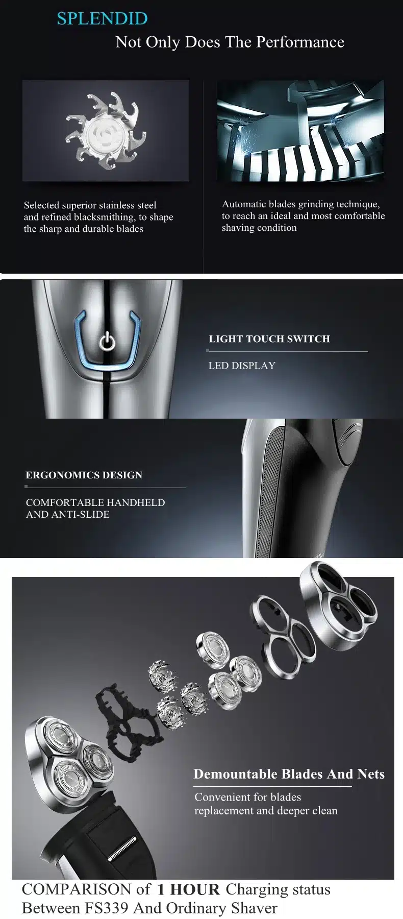 Hot FLYCO Washable Rechargeable Rotary Men's Electric Shaver Razor with 3D Floating Heads 1 Hour Quick Charge Hair Removal FS339 6