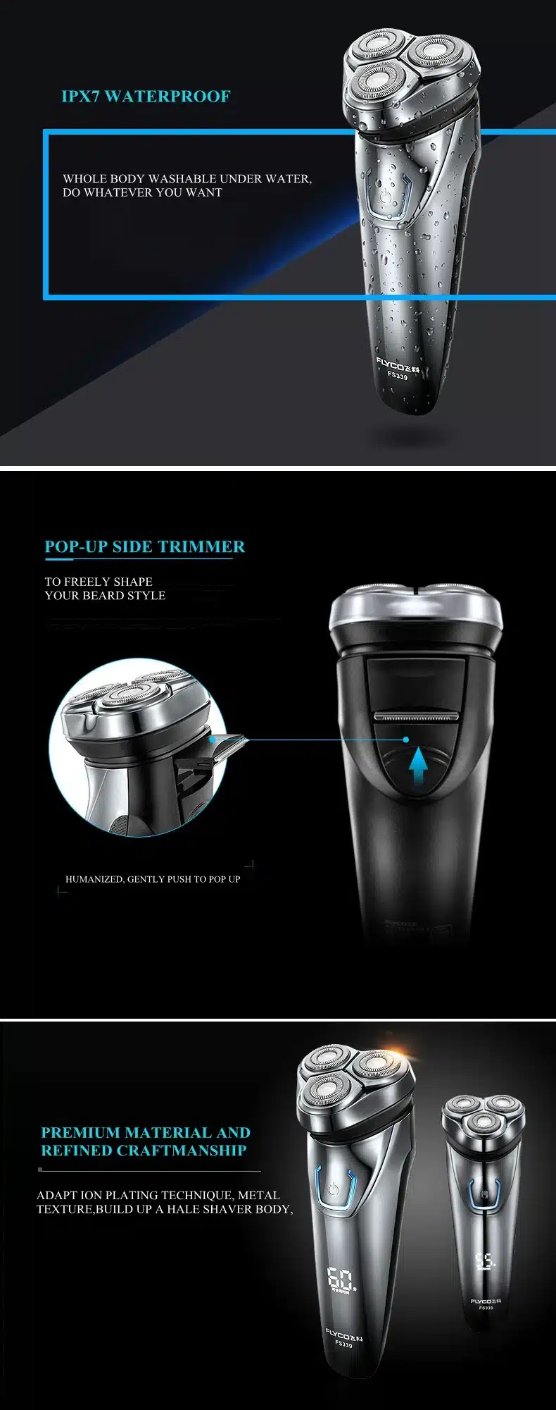 Hot FLYCO Washable Rechargeable Rotary Men's Electric Shaver Razor with 3D Floating Heads 1 Hour Quick Charge Hair Removal FS339 9