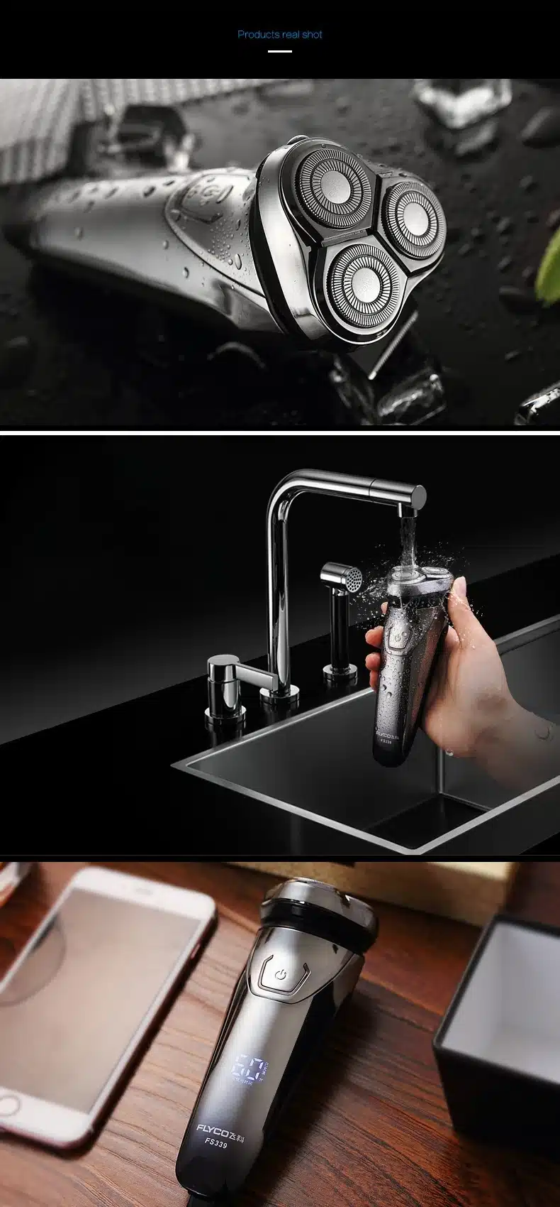 Hot FLYCO Washable Rechargeable Rotary Men's Electric Shaver Razor with 3D Floating Heads 1 Hour Quick Charge Hair Removal FS339 10