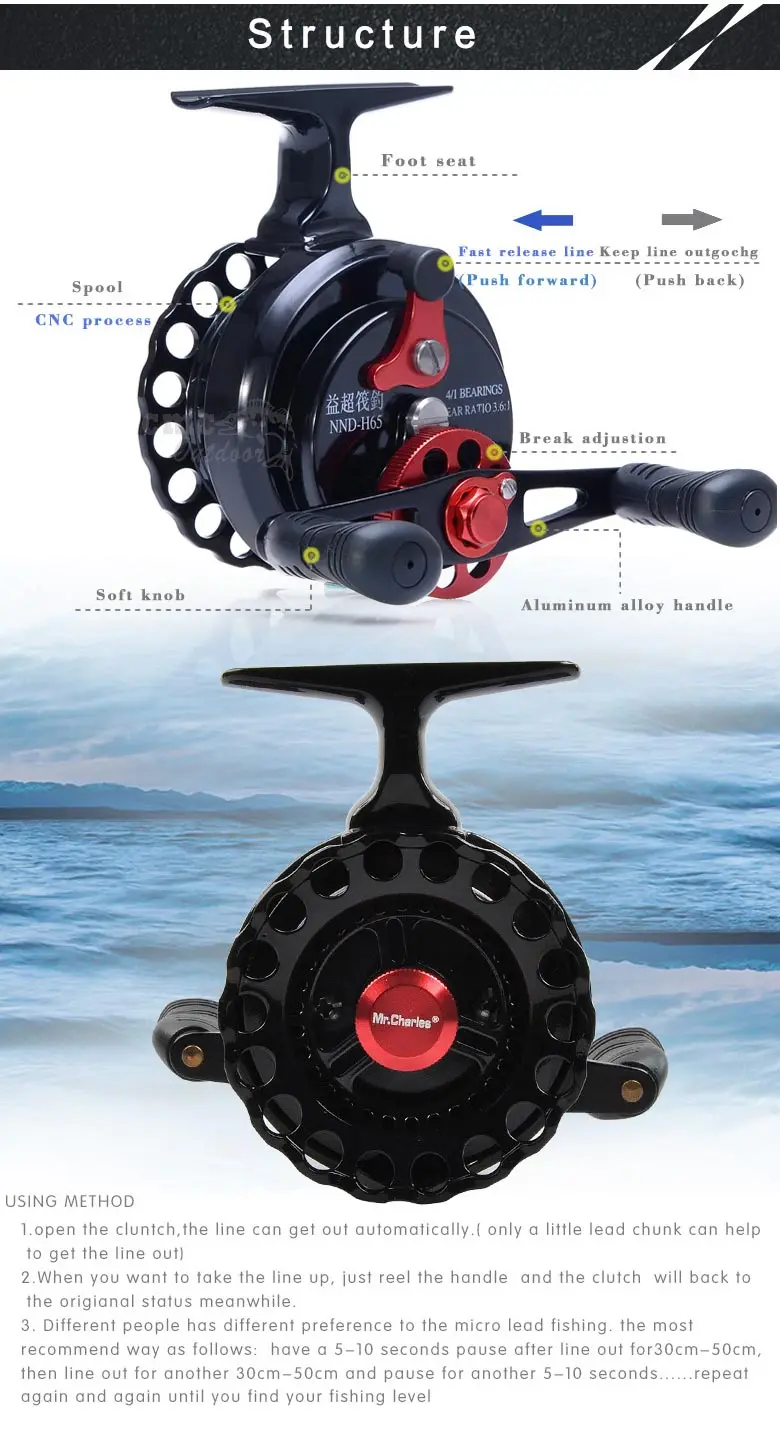 Mr.Charles New NND-H65 Gear ratio 3.6:1Semimetal Fishing Left/Right Hand Fly Fishing Reel Raft Ice Fishing Reel Fly Reel 12