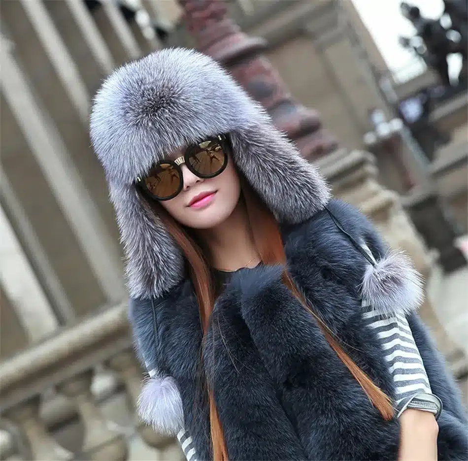 On Sale 100% Real Fox fur Women's Russian Ushanka Aviator trapper snow skiing Hat caps earflap winter raccoon fur Bomber hat 23