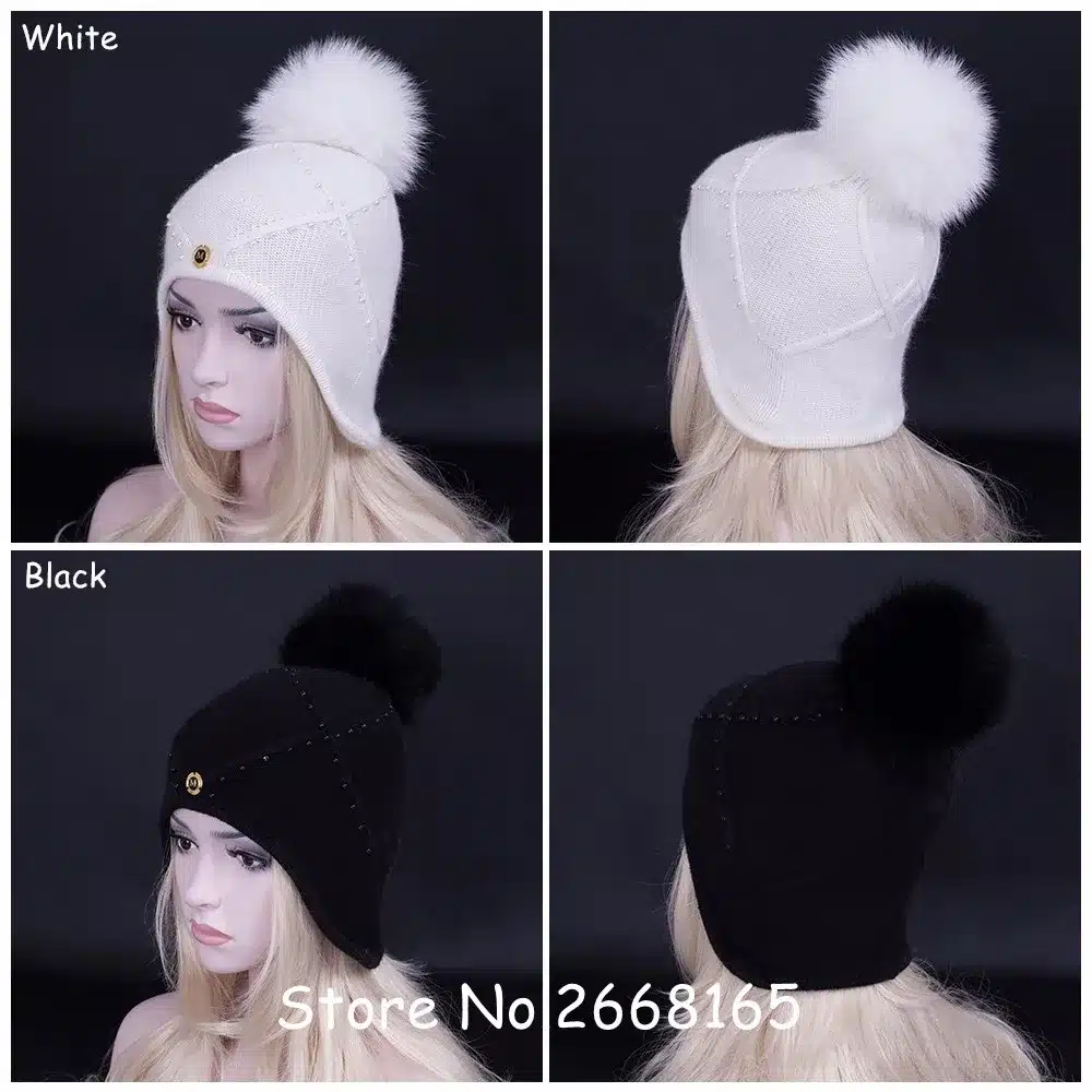 Hot! 2017 Winter Newest Wool hat with real fox fur pompoms women snow hats high quality Earmuffs Hat Skullies Beanies caps 11
