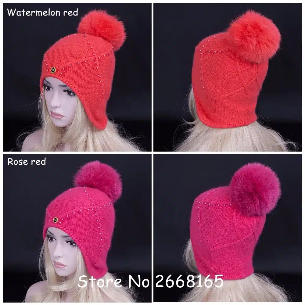 Hot! 2017 Winter Newest Wool hat with real fox fur pompoms women snow hats high quality Earmuffs Hat Skullies Beanies caps 15