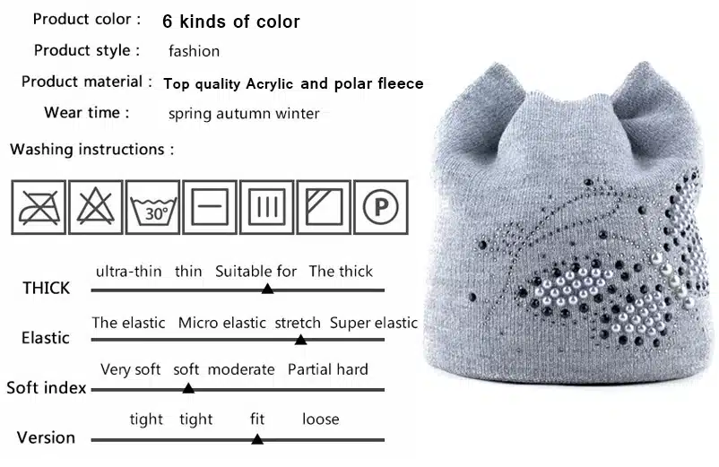 Women Winter Hats Female Beanies Hat Diamond Pearl Butterfly knitted Hats for Women with Meow Ear Women beanies Cap Ladies Hats 1