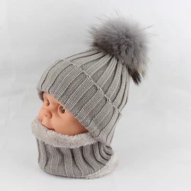 Kids Boys Girls Warm Fleece Liner Beanie Hats With Scarf Winter Fur Hat For Children Baby Pompom Skullies Beanies 19