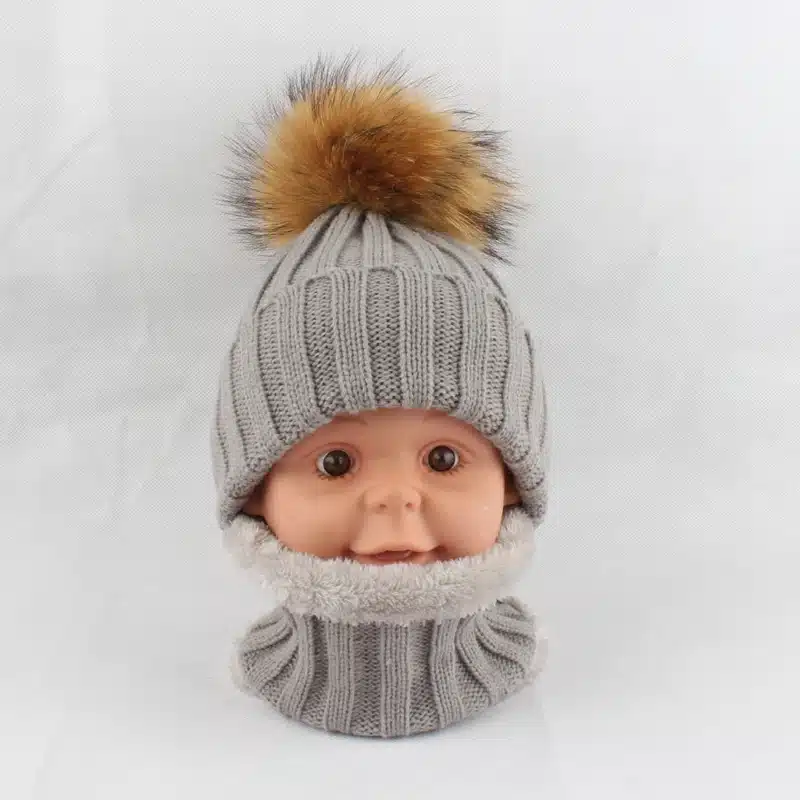 Kids Boys Girls Warm Fleece Liner Beanie Hats With Scarf Winter Fur Hat For Children Baby Pompom Skullies Beanies 22