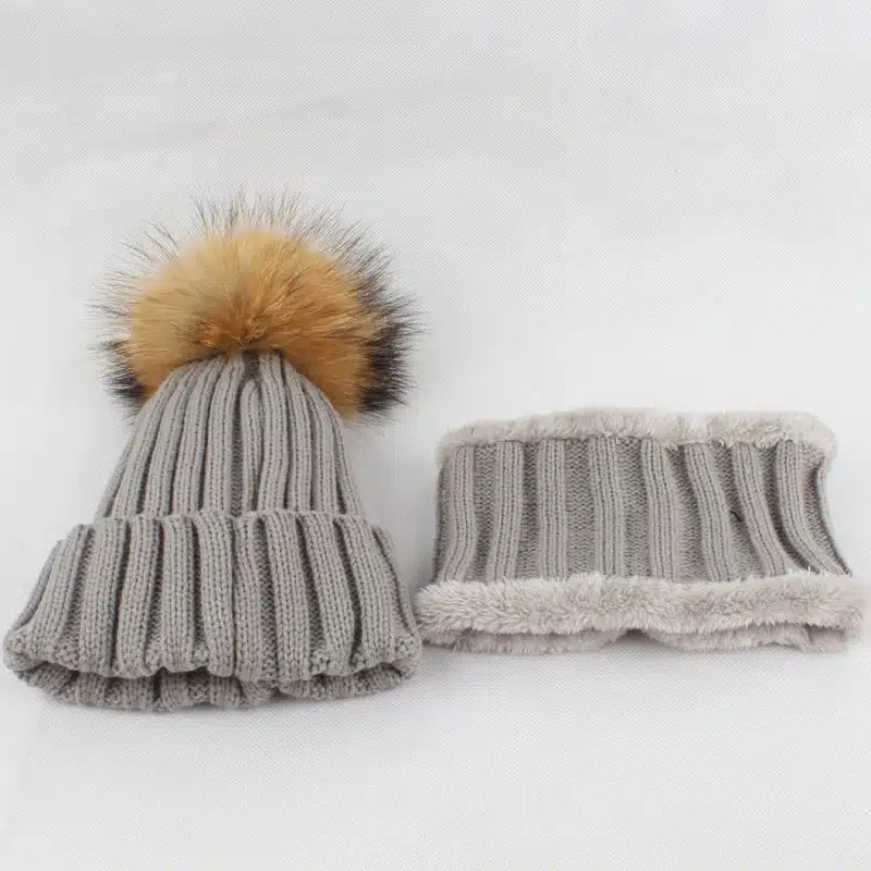 Kids Boys Girls Warm Fleece Liner Beanie Hats With Scarf Winter Fur Hat For Children Baby Pompom Skullies Beanies 23