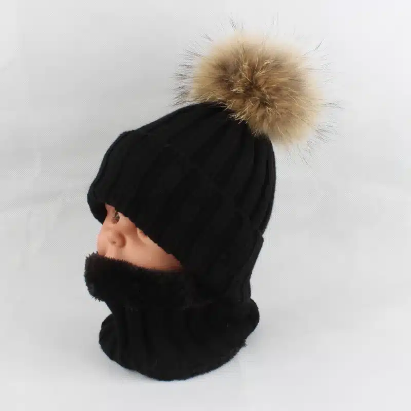 Kids Boys Girls Warm Fleece Liner Beanie Hats With Scarf Winter Fur Hat For Children Baby Pompom Skullies Beanies 24