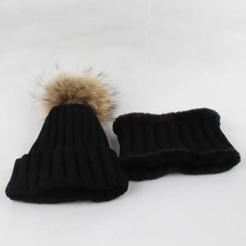 Kids Boys Girls Warm Fleece Liner Beanie Hats With Scarf Winter Fur Hat For Children Baby Pompom Skullies Beanies 25